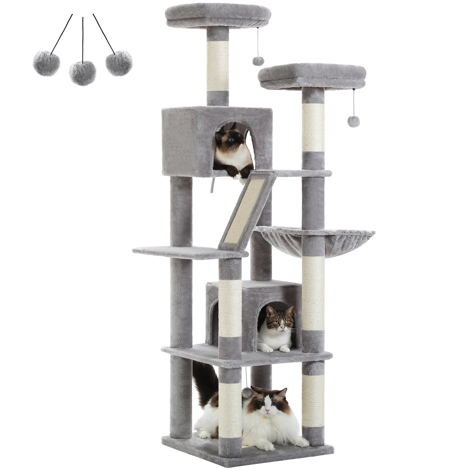 Stable&Safe Multi-Level Cat Tree Tower with Cozy Condo,Scratching Posts&Boards,Perches,Hammock,Pompoms for Active Cats,Cat Toys