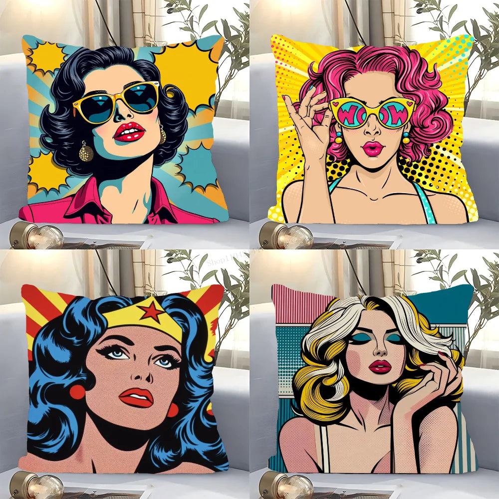 1pc Colorful Pop Art Canvas Comic Woman Pillow Case Square Bedroom Sofa Leisure Comfort Cushion Car Living Room Home Decoration