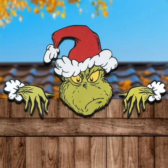 Christmas Fence Wooden Signboard Santa Claus Reindeer Snowman Grinch Decoration Courtyard Garden Handmade