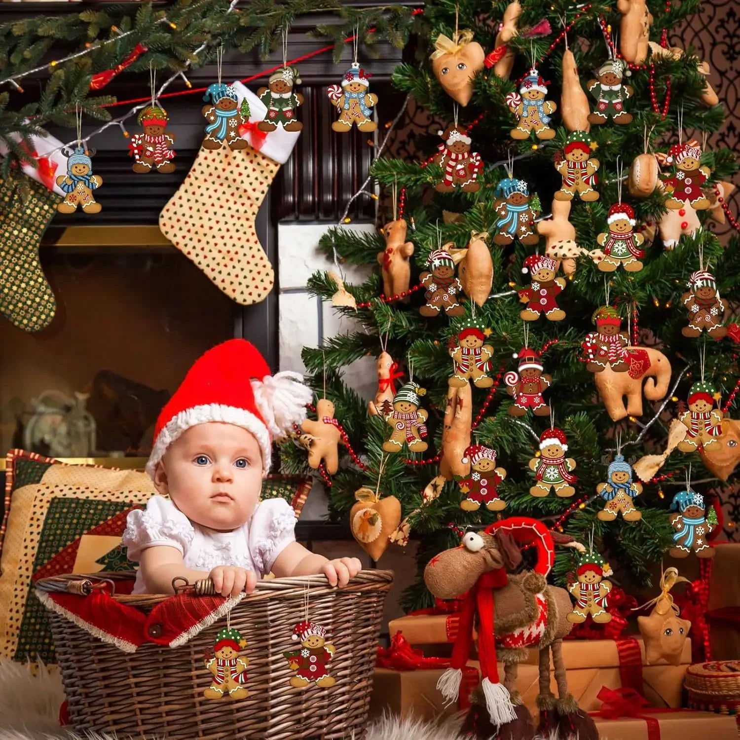 Gingerbread Man Ornaments Set Christmas Tree Wooden Hanging Decorations Pendants Cute Cartoon Xmas DIY Hangings Home Decoration