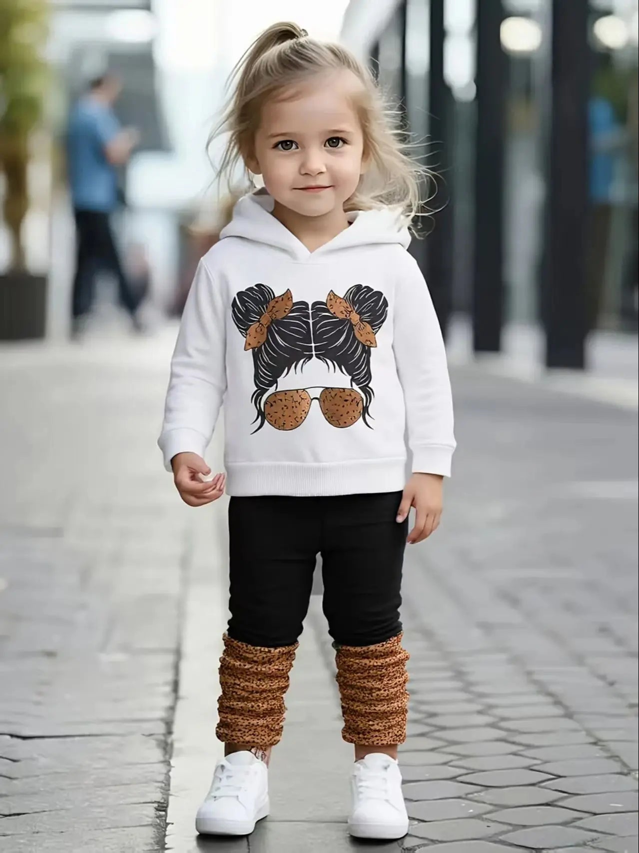 Spring Autumn Baby Girl Cartoon Headprint Fleece Hoodie And Pleated Pants Matching Two-Piece Set Cute Infant Clothing