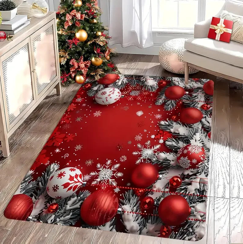 1PCS Christmas Snowflake Area Mat Red with Gold and White Santa Claus Living Room Bedroom Decoration Holiday Home Decoration