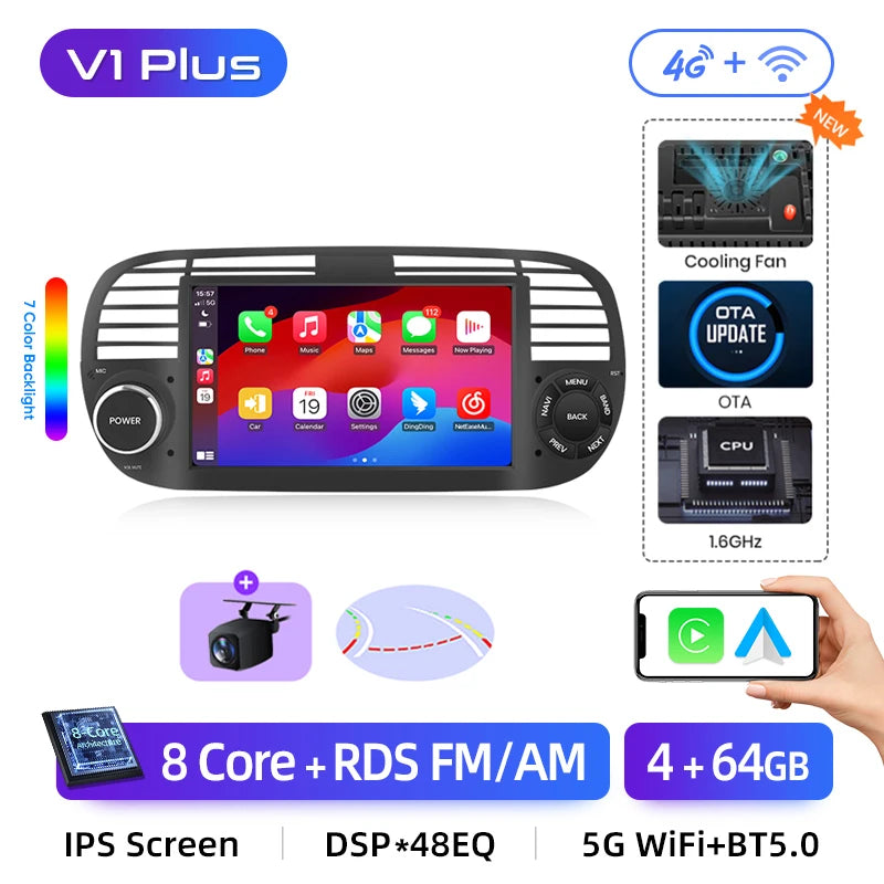 Junsun Android13 Car Radio For FIAT 500 500C Abarth 2007-2015 Car Smart Systems For Apple Carplay FM GPS SWC BT