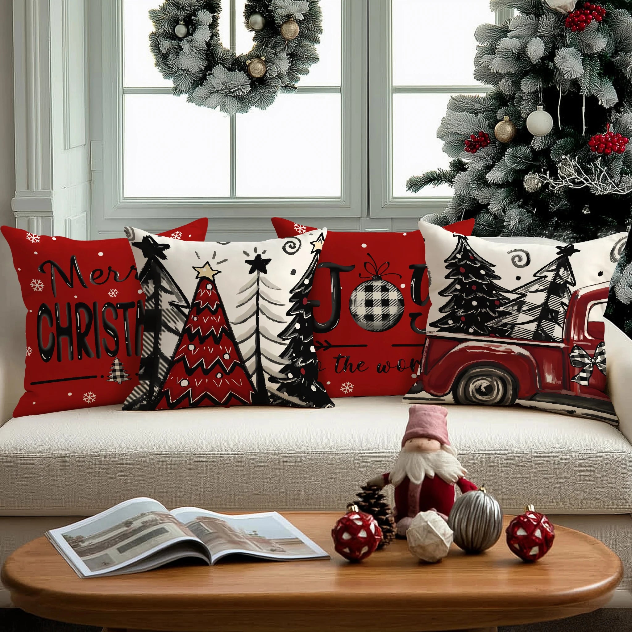 1/4pcs Retro Christmas Pillowcase, Christmas Ball, Christmas Tree, Retro Truck Design, Cushion Cover, Christmas Decorations