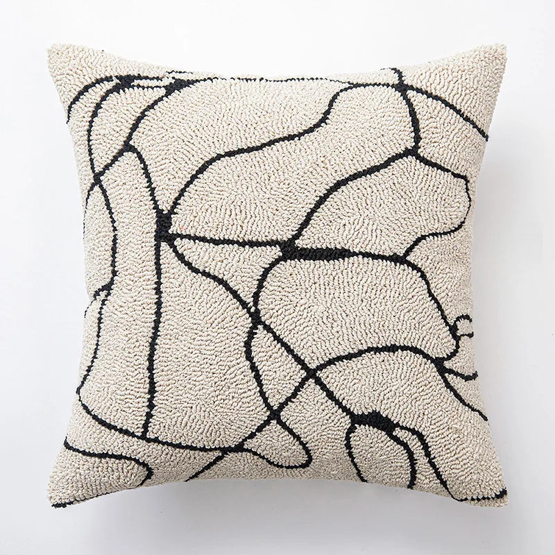 New Geometric Abstract Embroidered Cushion Cover Modern Beige Black Fully Tufted Pillowcase Home Decorative Pillows for Sofa