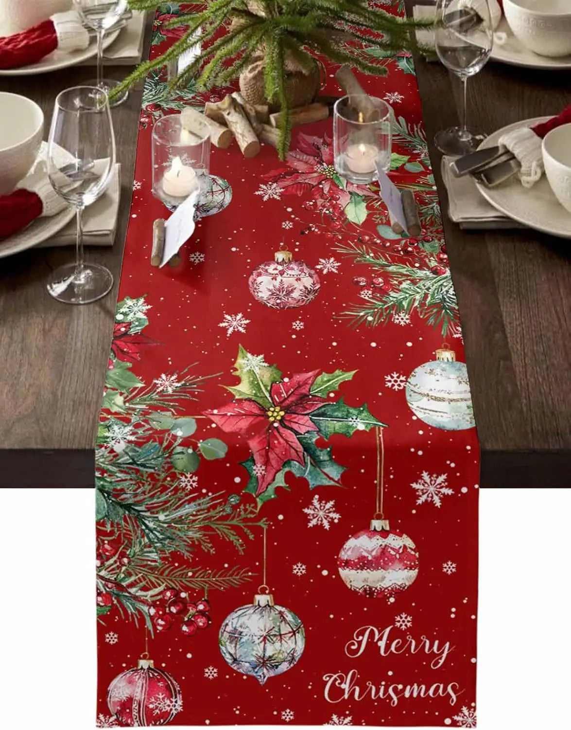 Merry Christmas Poinsettia Flower Ball Linen Table Runner Party Decor Winter Snowflake Berry Table Runners Christmas Decorations