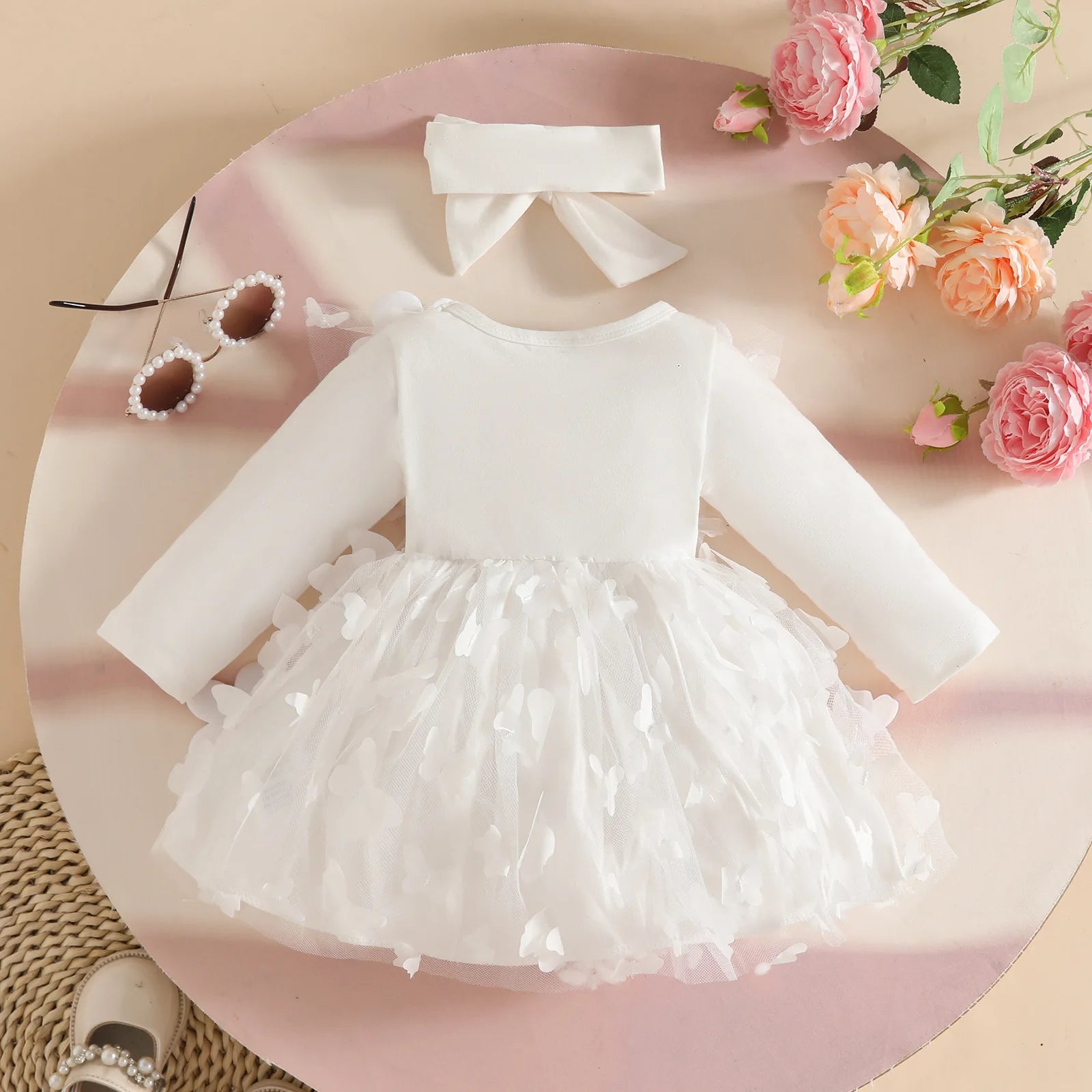 0-2Y Baby Girl Clothes 2Pcs Set Butterfly Tulle Patchwork Bow Baby Dresses for Newborn Girls and Headband Princess Party Outfit