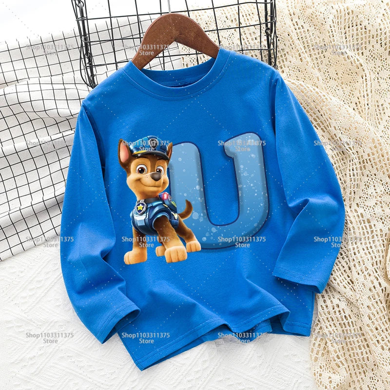Cute PAW Patrol T-shirt Letter A-Z Print Top Long Sleeve Fashion Summer Boys Clothes Cartoon Kids Birthday Gift Outdoor Wear Tee
