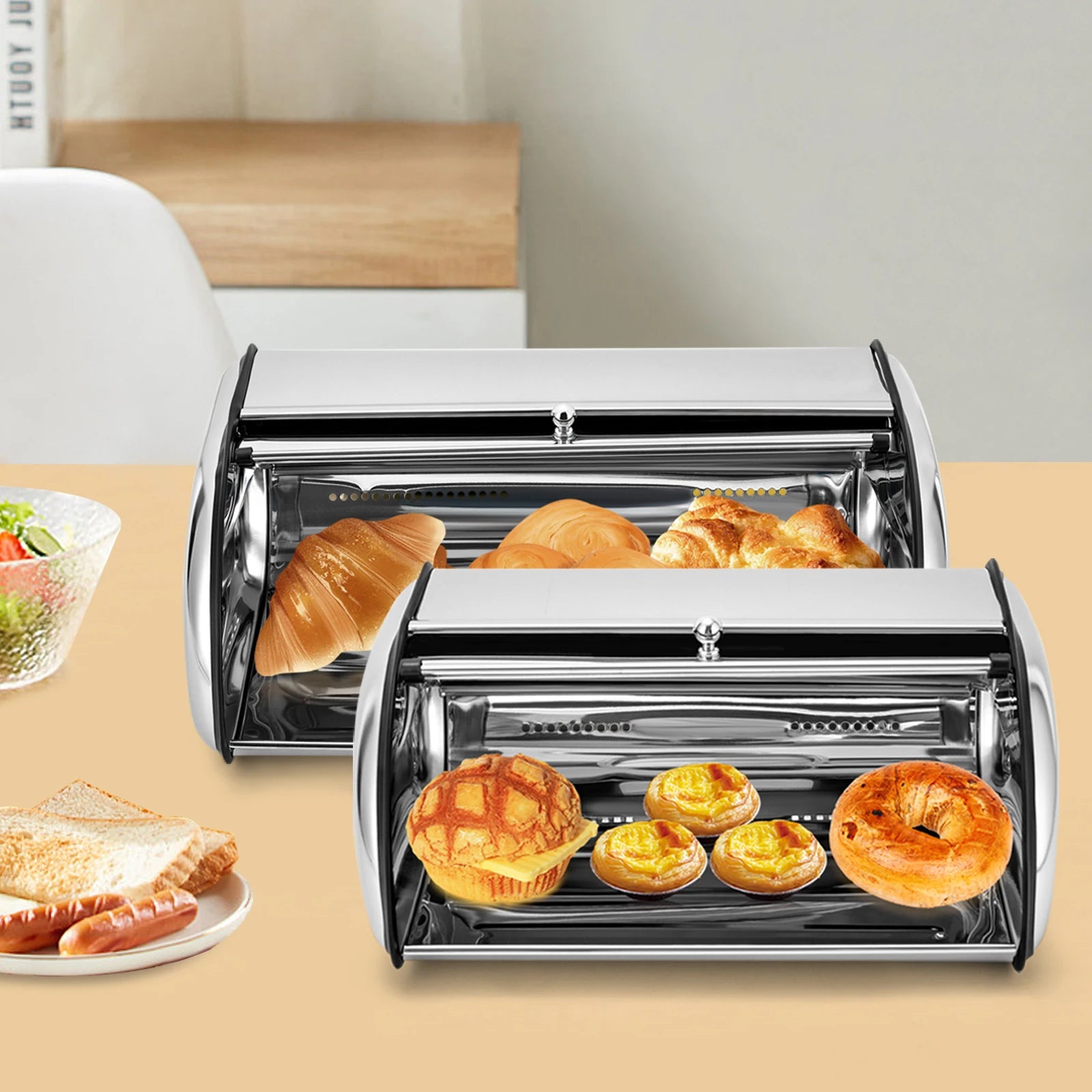Stainless Steel Bread Box, 1.32Gal Capacity, Oval Shape, Viewing Window, Keeps Bread Fresh, Easy to Clean