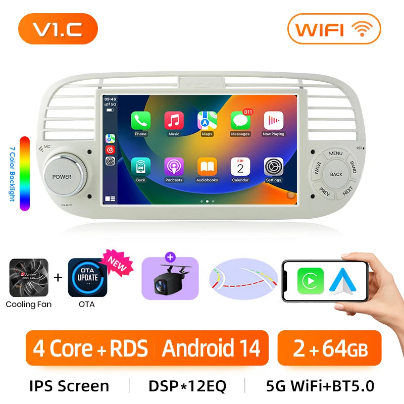 Junsun Android13 Car Radio For FIAT 500 500C Abarth 2007-2015 Car Smart Systems For Apple Carplay FM GPS SWC BT