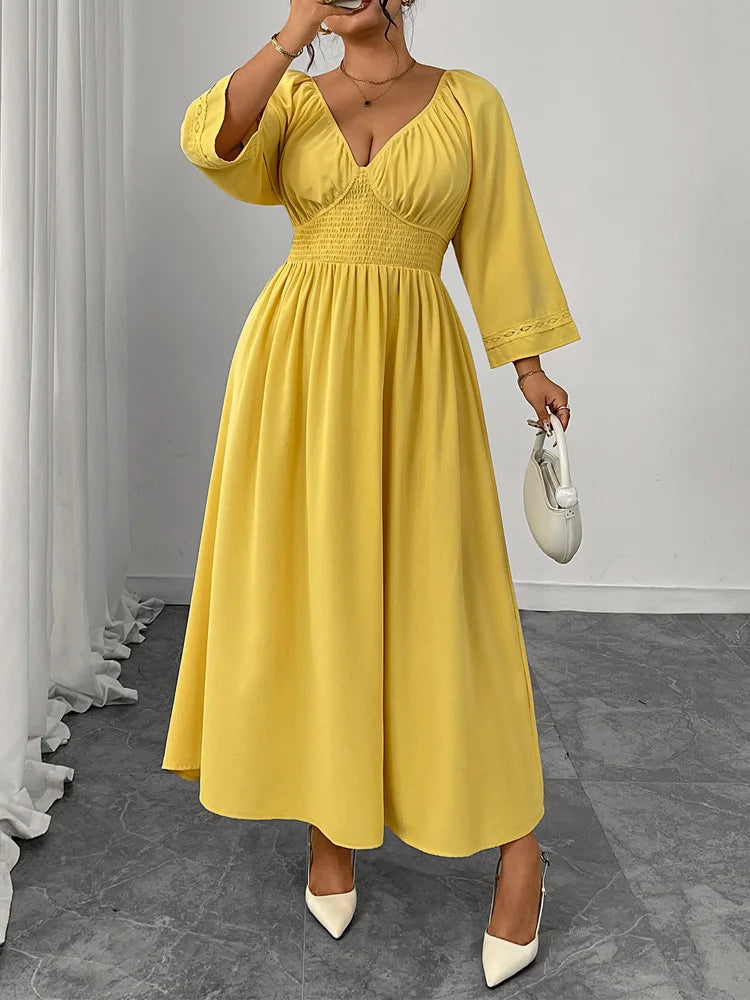 GIBSIE Plus Size Deep V-neck Sexy Long Dress Women Autumn 2025 New Solid Party Elegant High Waist Elastic A-Line Dresses