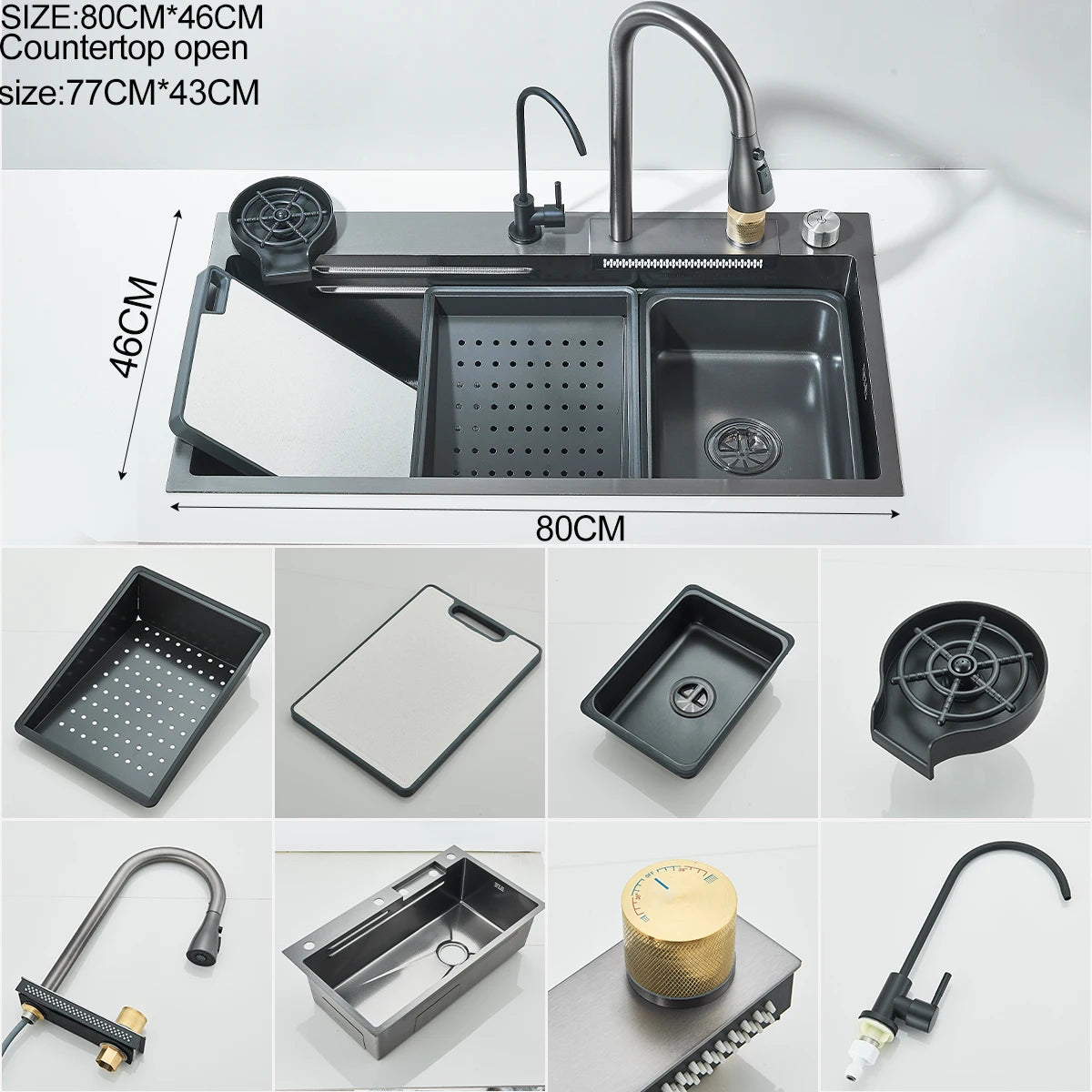 304 Stainless Steel Waterfall Kitchen Sink Large Single Slot Integrated 80X45cm Faucet Set Soap Dispenser Pure Water Tap