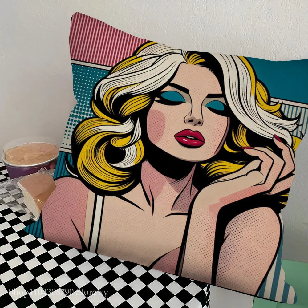 1pc Colorful Pop Art Canvas Comic Woman Pillow Case Square Bedroom Sofa Leisure Comfort Cushion Car Living Room Home Decoration