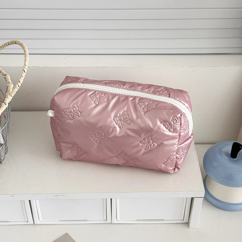 Korean Quilted Love Bow Cosmetic Bag Skincare Products Pouch Inner Pocket Multi-function Makeup Lipstick Storage Bag Handbag