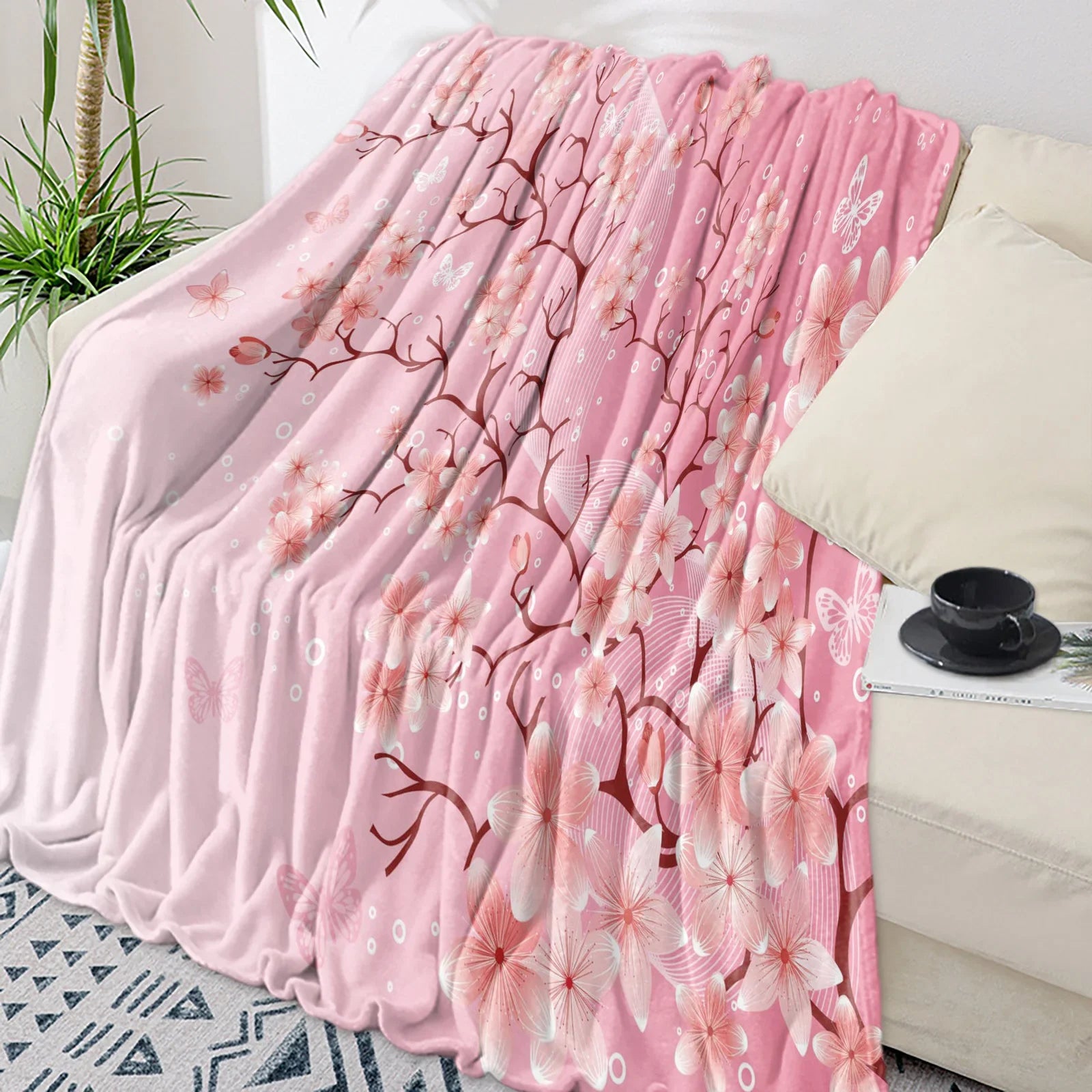 بطانية دافئة من الفلانيل المايكروفايبر بتصميم أزهار الكرز وفرع البرقوق وزهرة وردية وبيضاء، بطانيات ديكور غرفة النوم للأسرّة