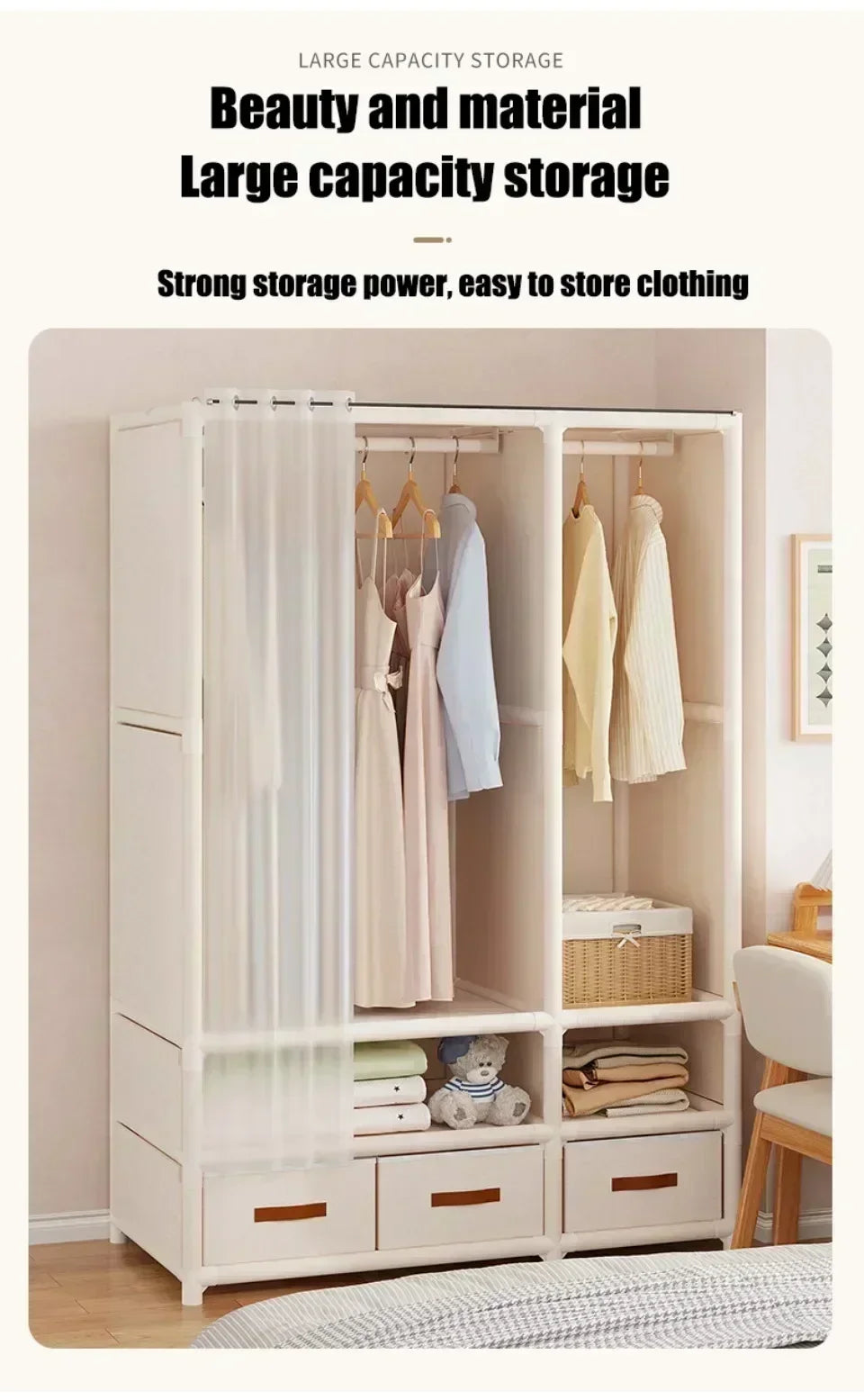 Armoire pour usage domestique, chambre à coucher, armoire en tissu simple et de grande capacité, robuste et durable, rangement anti-poussière, support organisateur de garde-robe
