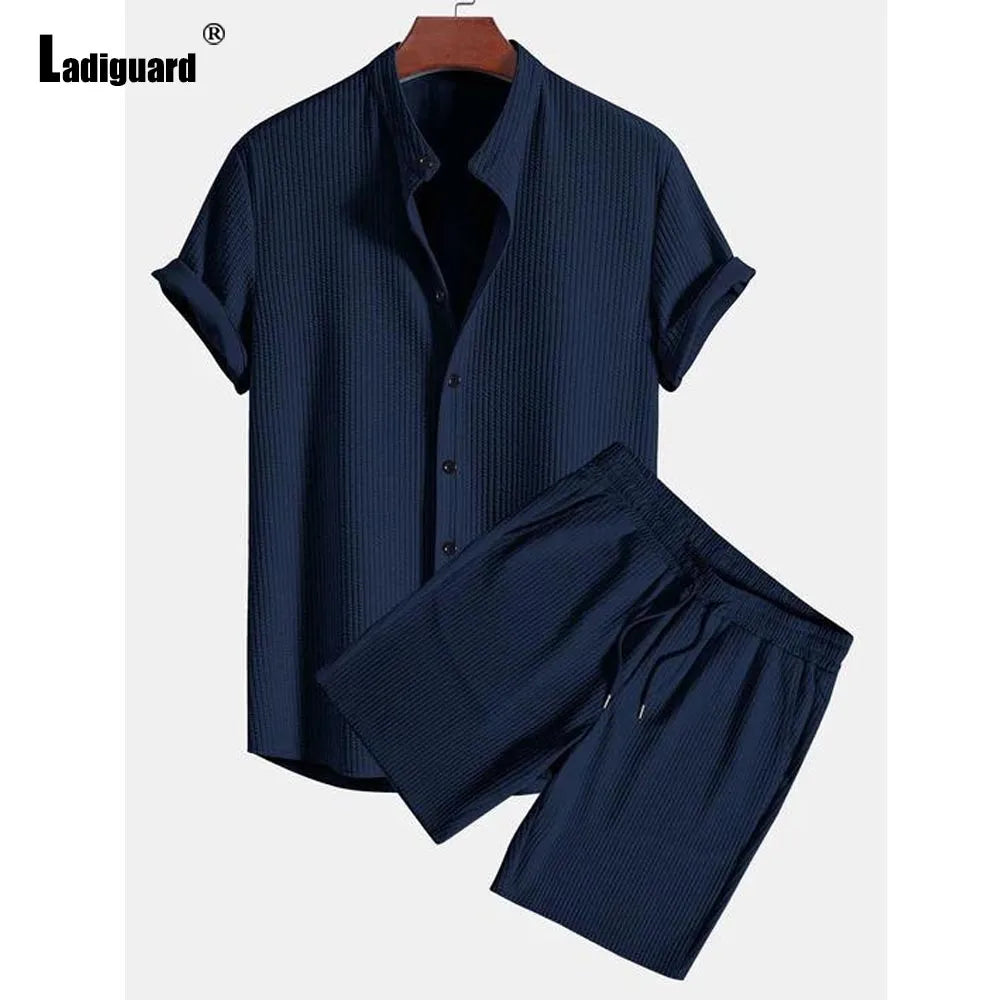 Men Casual Knitted Two Piece Sets 2024 Europe Style Mandarin Collar Blouse and Solid Basic Shorts Suit Male Beach Tracksuits Set