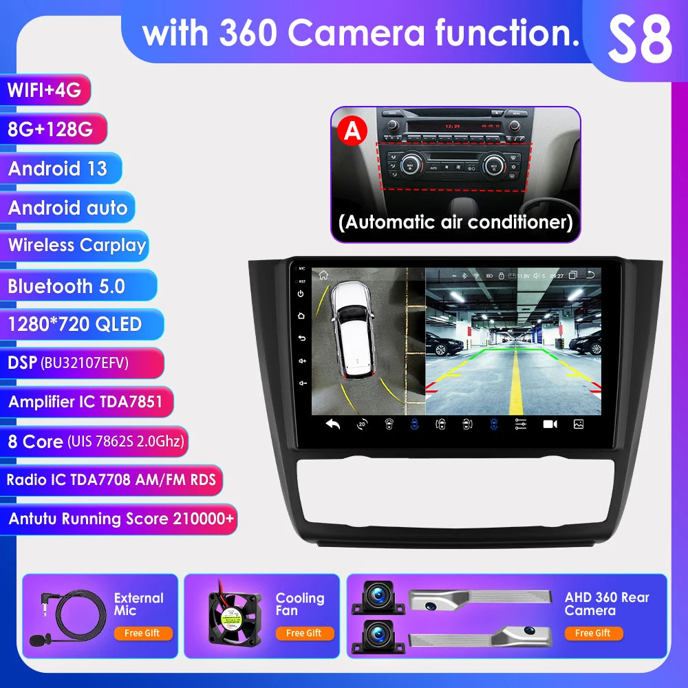 Hizpo 9inch 2Din Android13 Car Radio for BMW 1 Series E81 E82 E87 E88 AT MT Navigation GPS RDS DSP Android Auto CarPlay 360° CAM