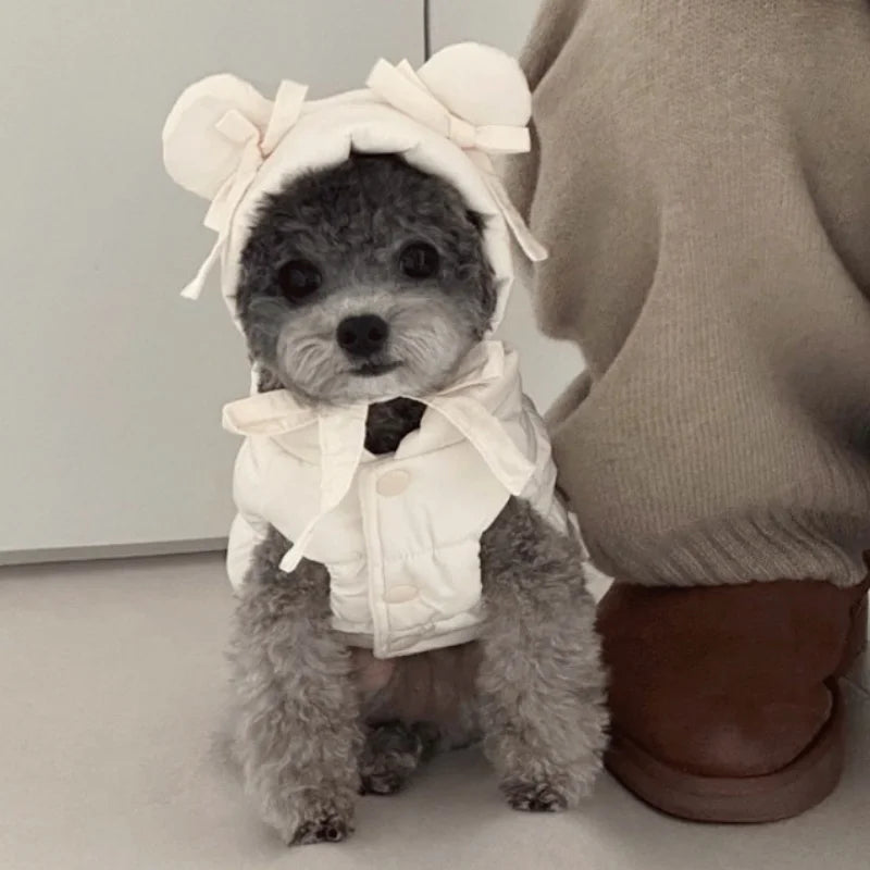 Winter Padded Dog Jacket Coat Warm Soft Dog Clothes Fashion Solid Puppy Down Jacket Cute Bow Cat Vest Coat Chihuahua Pet Costume