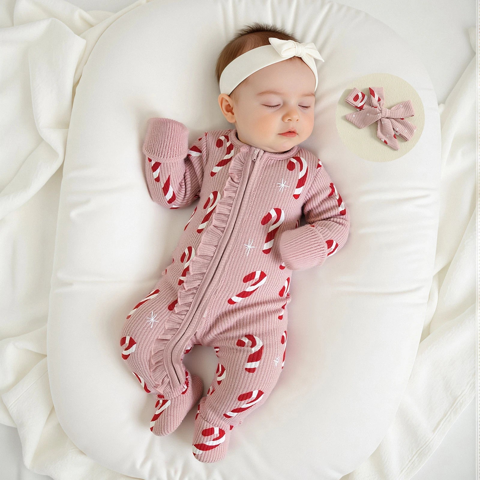 Newborn Baby Girls Christmas Oblique Zipper Rompers Long Sleeve O Neck Candy Cane/Gingerbread Print Jumpsuits with Headband