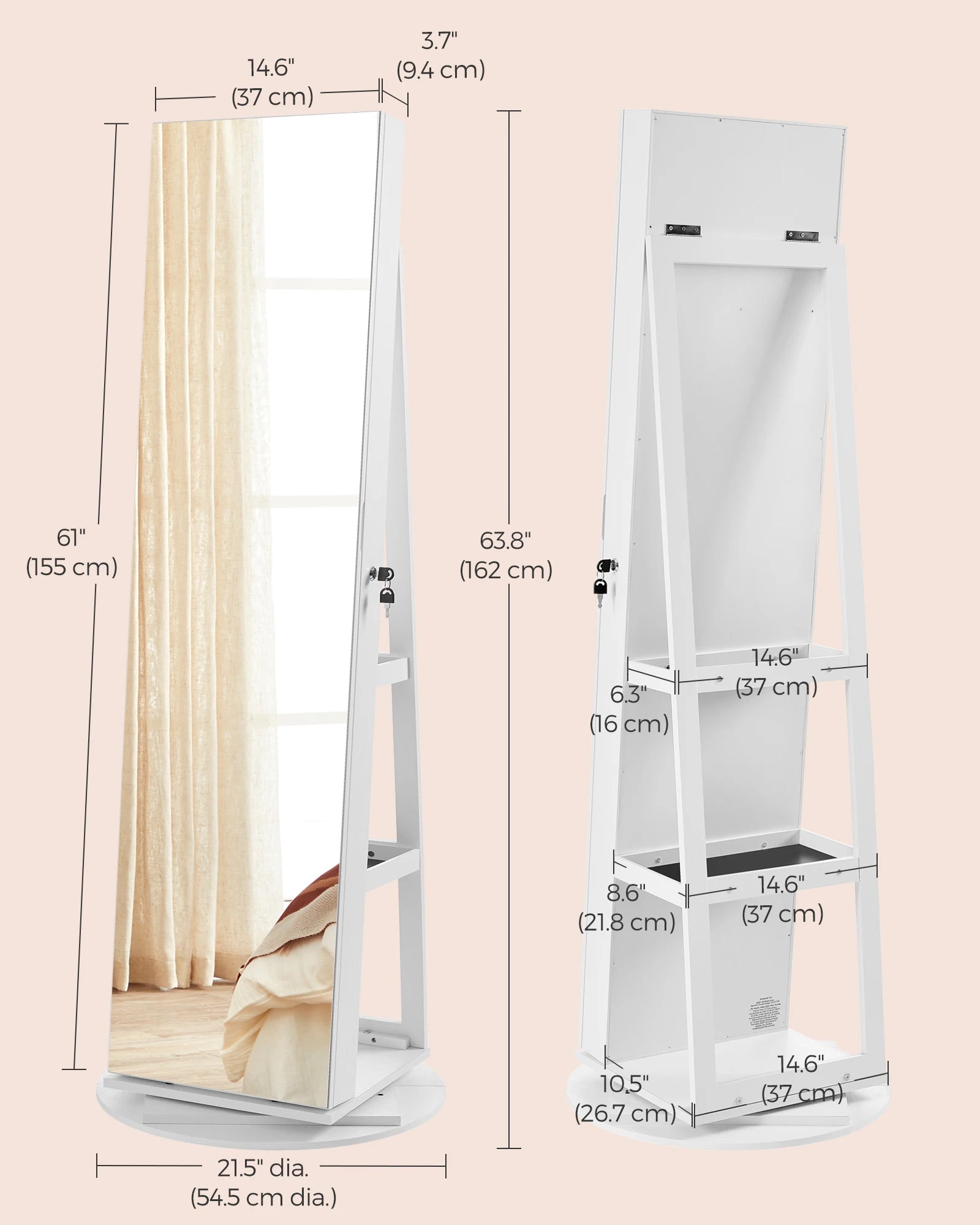 SONGMICS Armoire à bijoux miroir verrouillable à 6 LED, 360 °   Organisateur de bijoux pivotant, armoire à bijoux sur pied