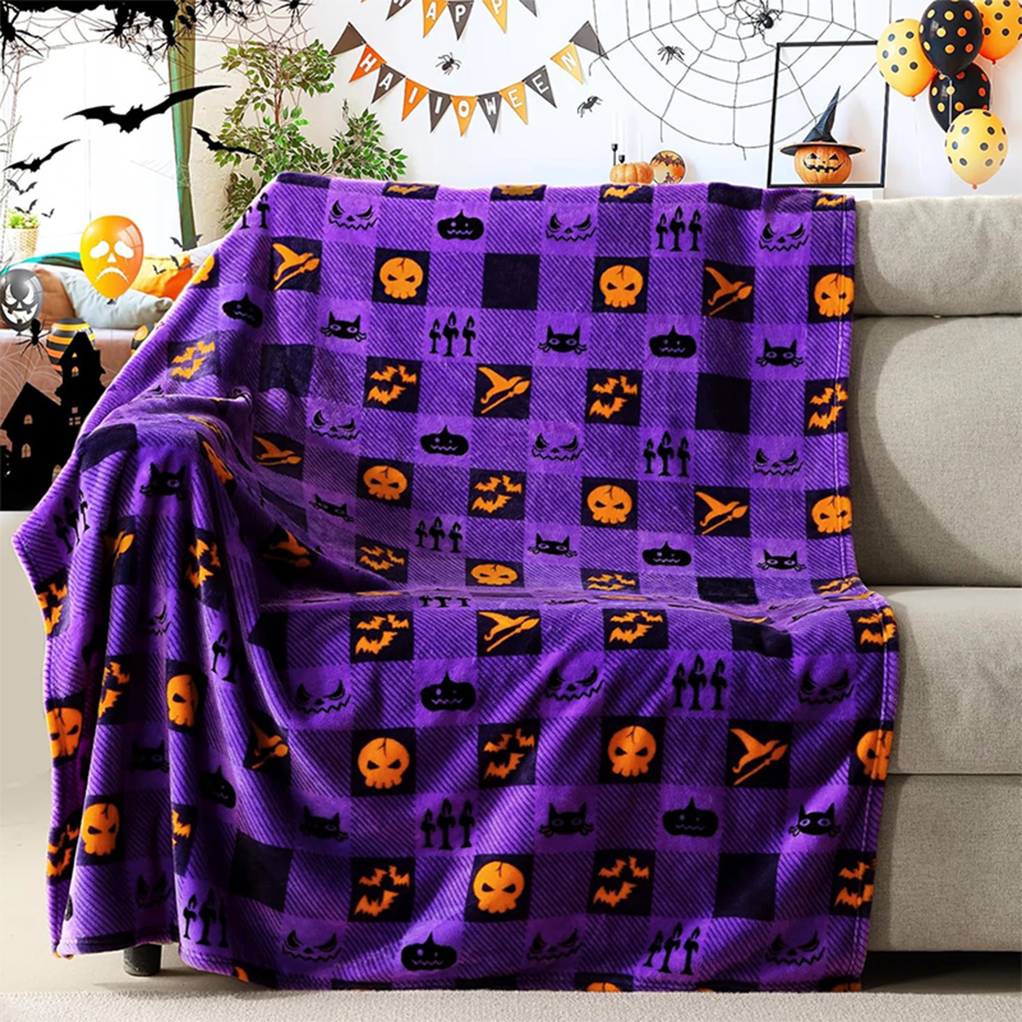 Spooky Halloween Plaid Blanket: Decorative and Cozy for the Season Flannel blanket, soft and comfortable, gift