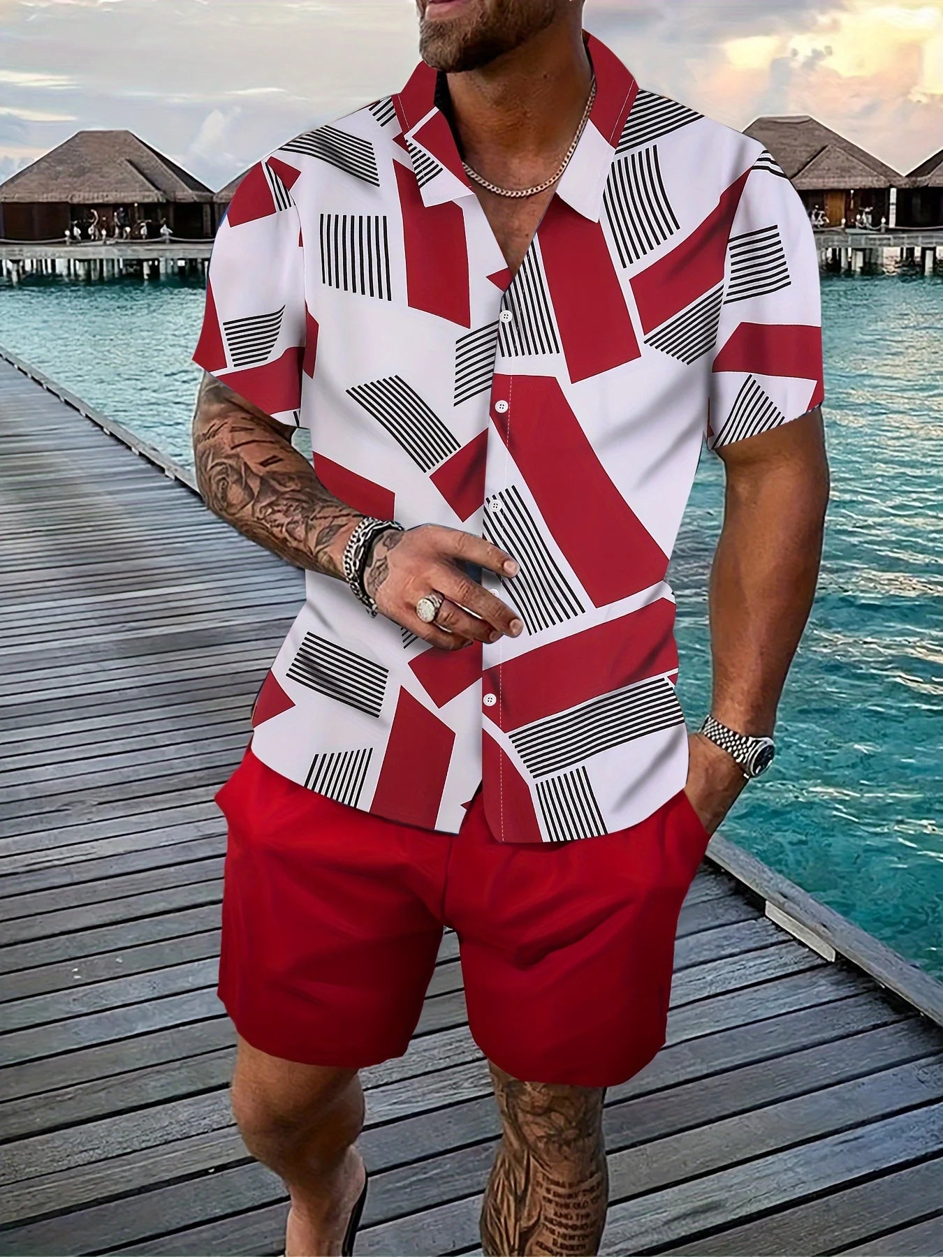 Hawaiian Men Shirt Sets 3D Printed Vintage Stripe stitching Short Sleeve Casual Shirt Oversized Beach Shorts Summer Man Suits