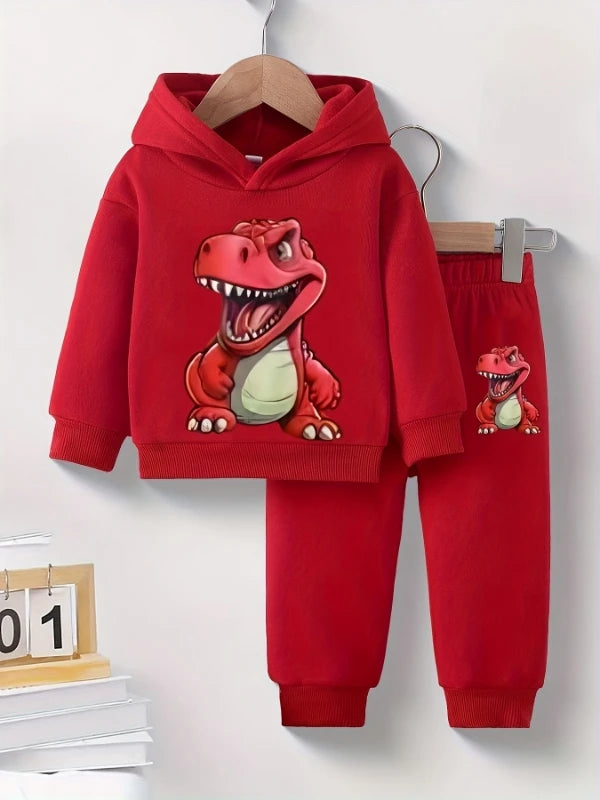 Spring Autumn Baby Boy Dinosaur Print Fleece Hoodie And Pants Two-Piece Casual Set Long Sleeve Thermal Outfit for Toddlers