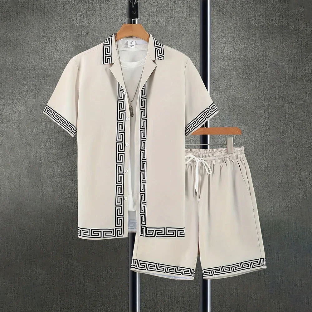 Vacation Men's 2-Piece Outfits Vintage Button Down Short Sleeve Shirt And Shorts Set Elastic Waist Shorts Short Sleeve Shirts