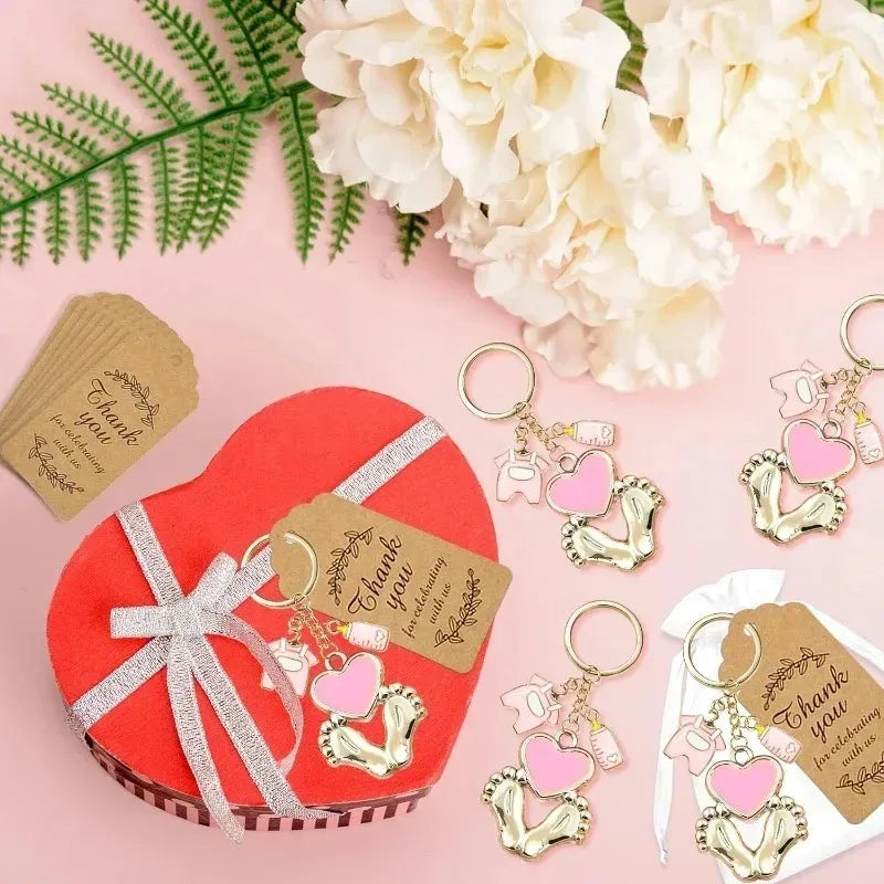 12 set Baby Shower Gifts Guests Footprint Keychains Christening Baptism Party Favors Girl Boy Thank You Decor Wedding Souvenirs