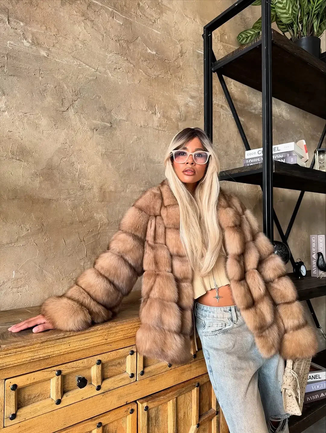 Fashion Patchwork Faux Fur Coat Women Casual Full Sleeve Lapel Loose Long Staple Plush Jacket 2025 New Winter Street Wear New