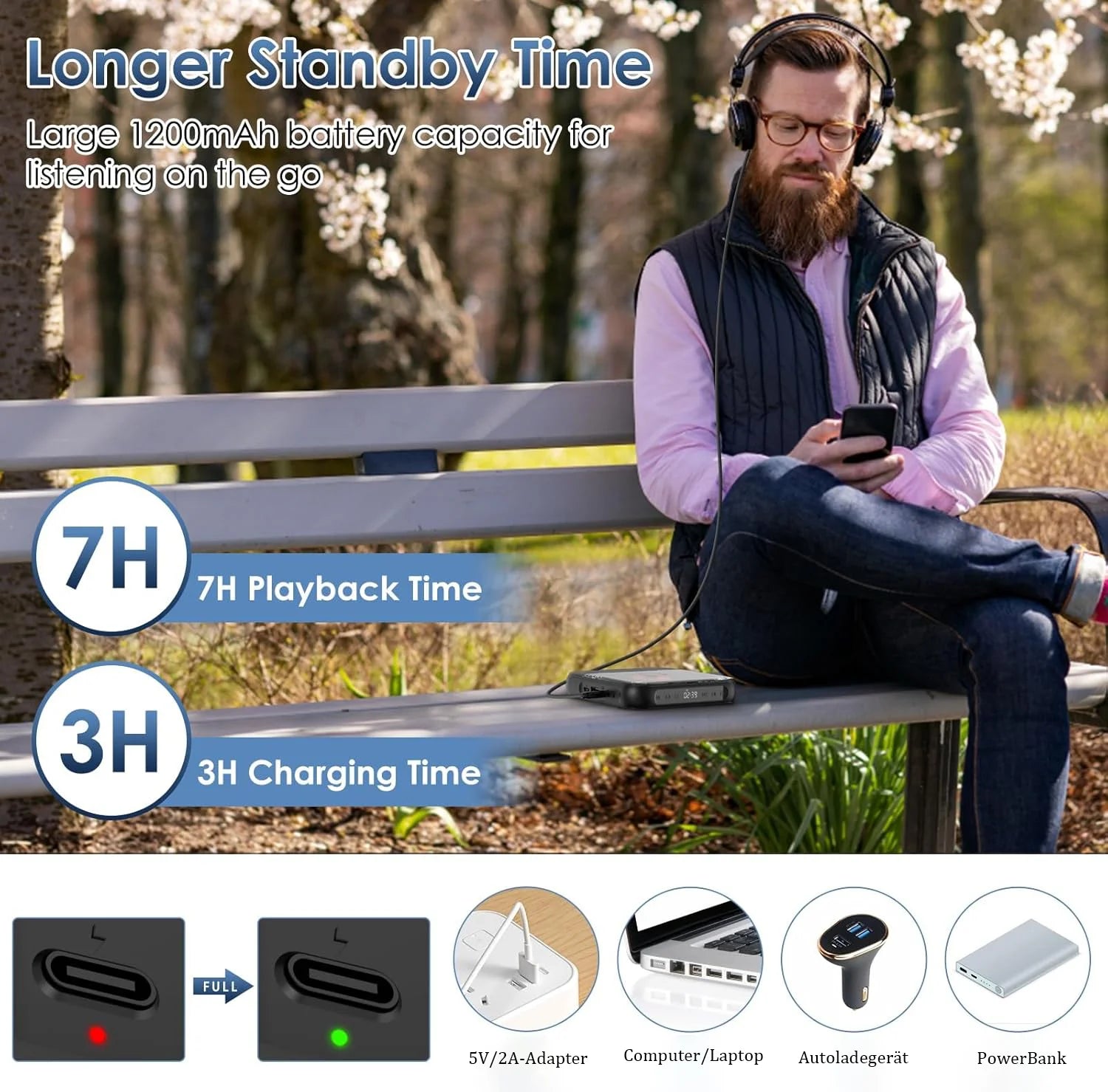 Portable Bluetooth CD Player USB-C Quick Charging gift for Study Music Grandparents Black