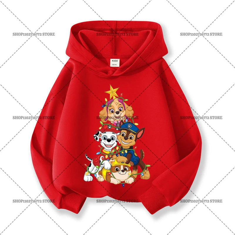 Paw Patrols Christmas Baby Hoodies Cute Anime Print Long Sleeved Child Red Top Pullover Casual Sweatshirt Kids Clothes Xmas Gift