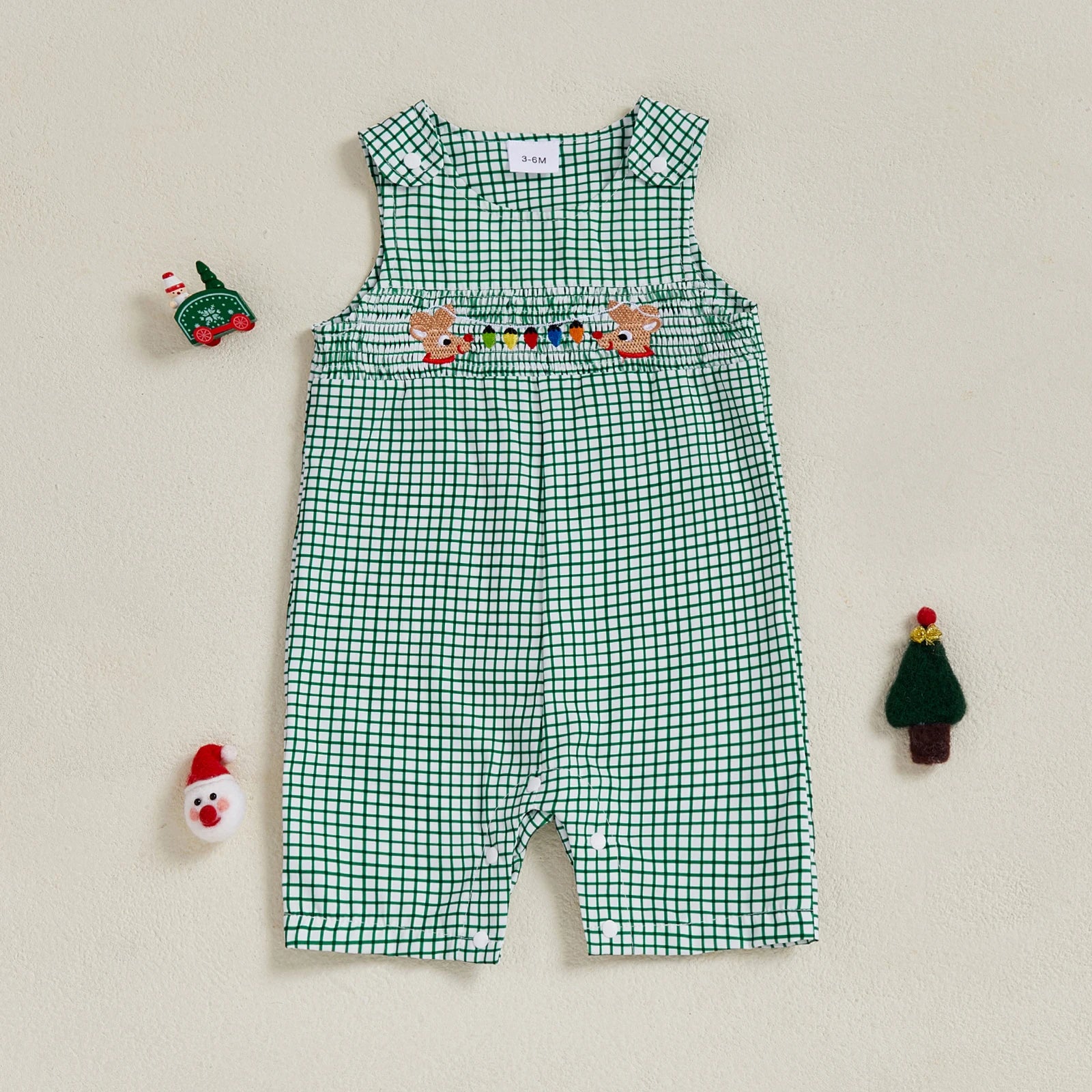 0-18M Infant Baby Girls Boys Christmas Romper Plaid Print Lamp String Embroidery Short Sleeve Doll Collar Bodysuit/Tank Jumpsuit