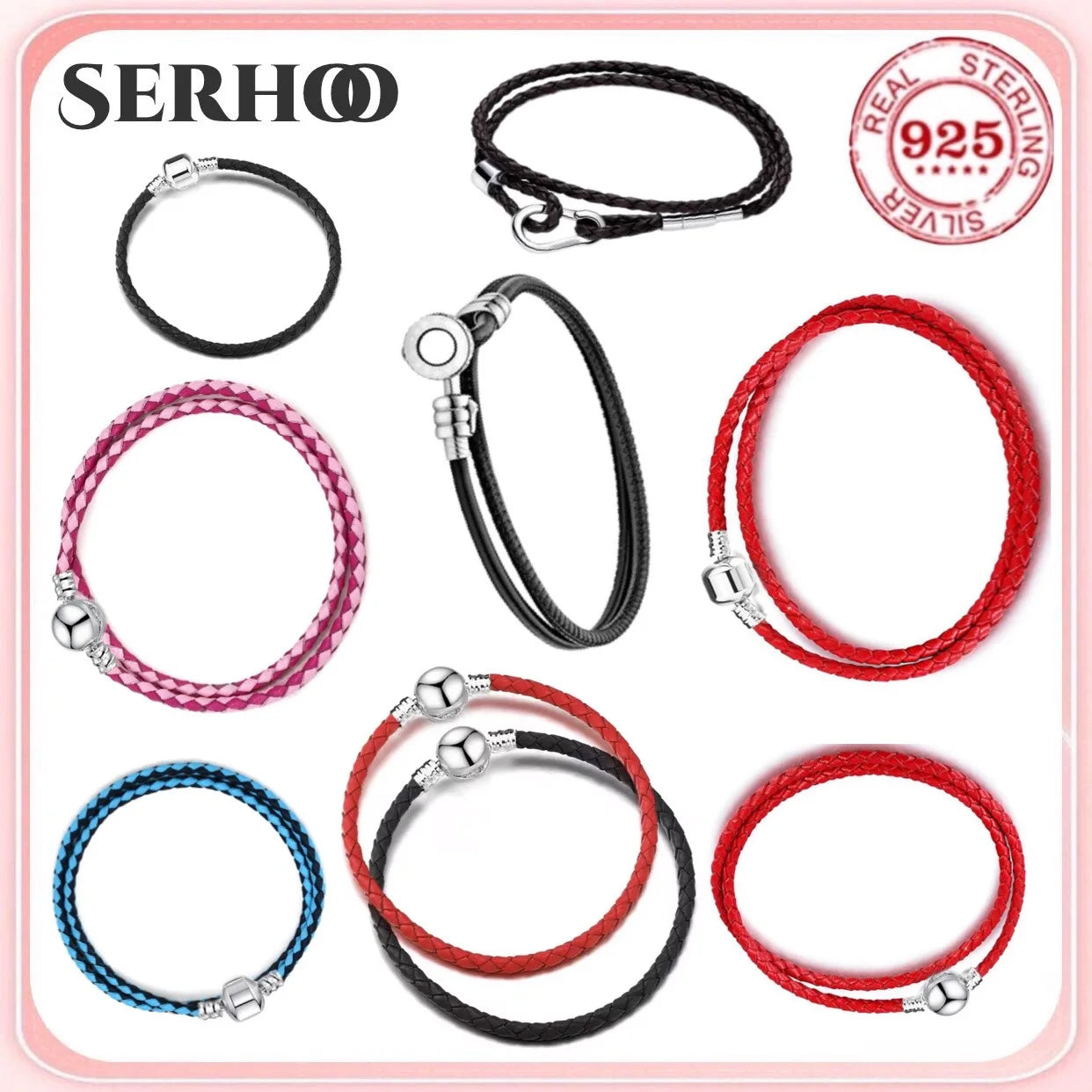 Original 925% sterling silver fashionable leather heart-shaped circular buckle charm bracelet for women DIY jewelry special gift