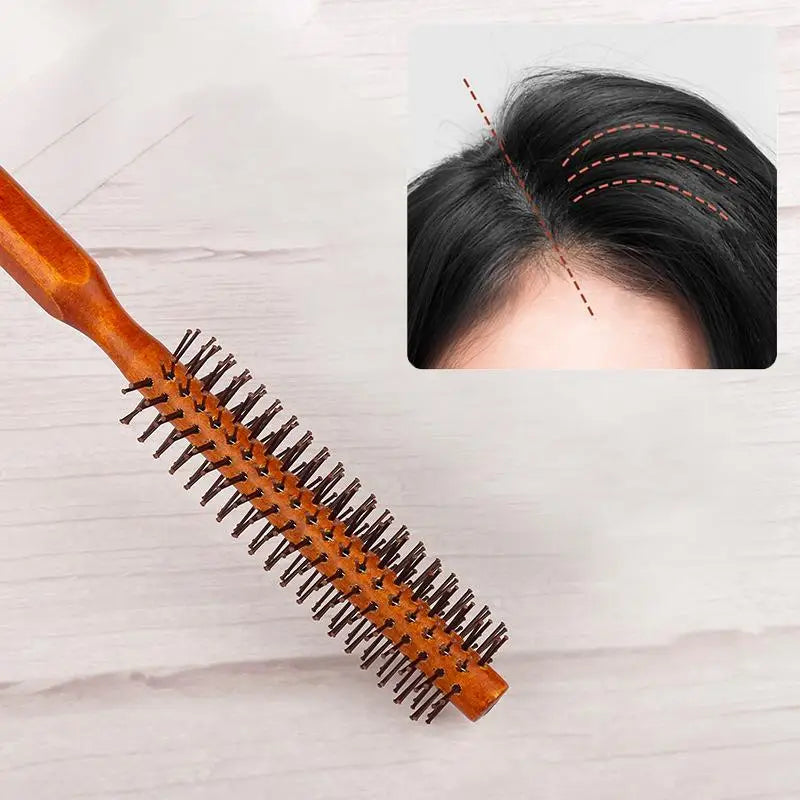 Bristle Wooden Curly Hair Comb Natural Boar Bristle Rolling Brush Round Barrel Blowing Curly Hairbrush Hair Styling Tool Barber