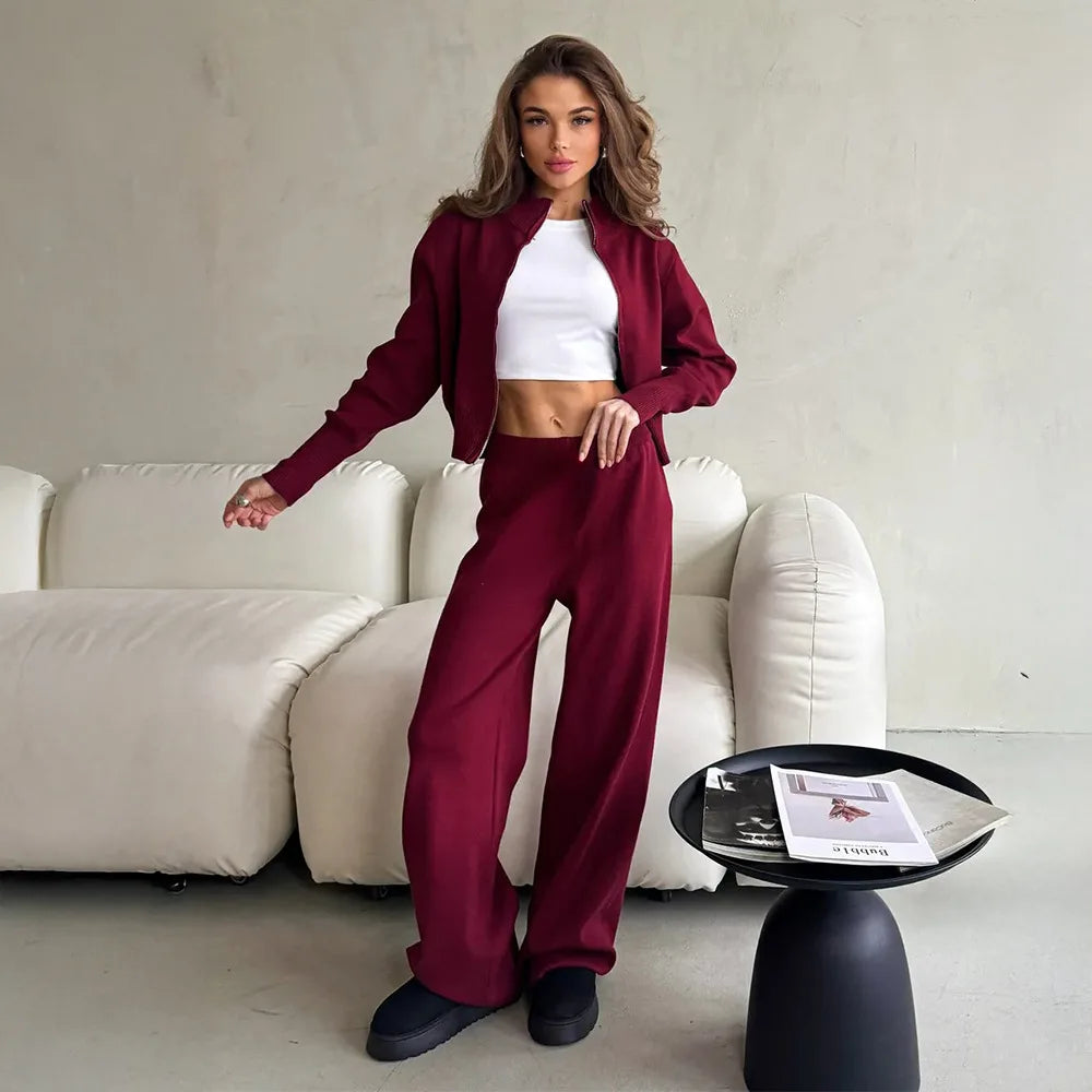 Zipper Front Knitted Long Sve Wide Leg Pants Two Piece Set for Women Autumn Winter Pure Color Faion Ensemble