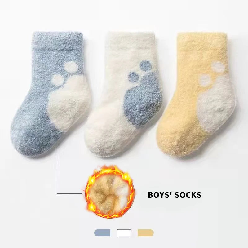 3 Pairs Unisex Newborn Baby Socks Soft Mink-like Fabric Solid Colour Bear Paw Design for Boys And Girls