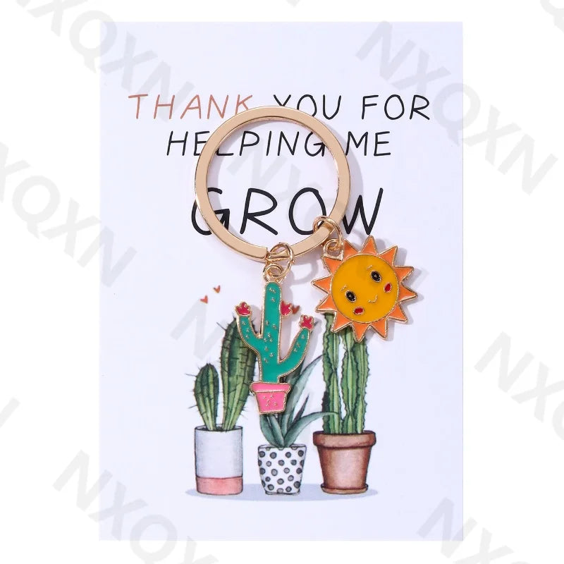 Classic Sun Smiling Face Cactus Enamel Keychain Cartoon Plant Grow Thank You For Teachers Good Gift Handmade Jewelry Set