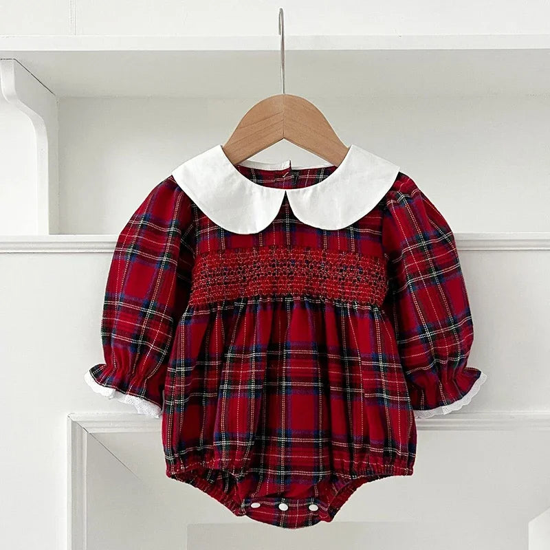 Christmas Infant Baby Girl Romper Autumn Winter Newborn Baby Girl Children Clothes Red Plaid Lapel Long Sleeved Newborn Romper