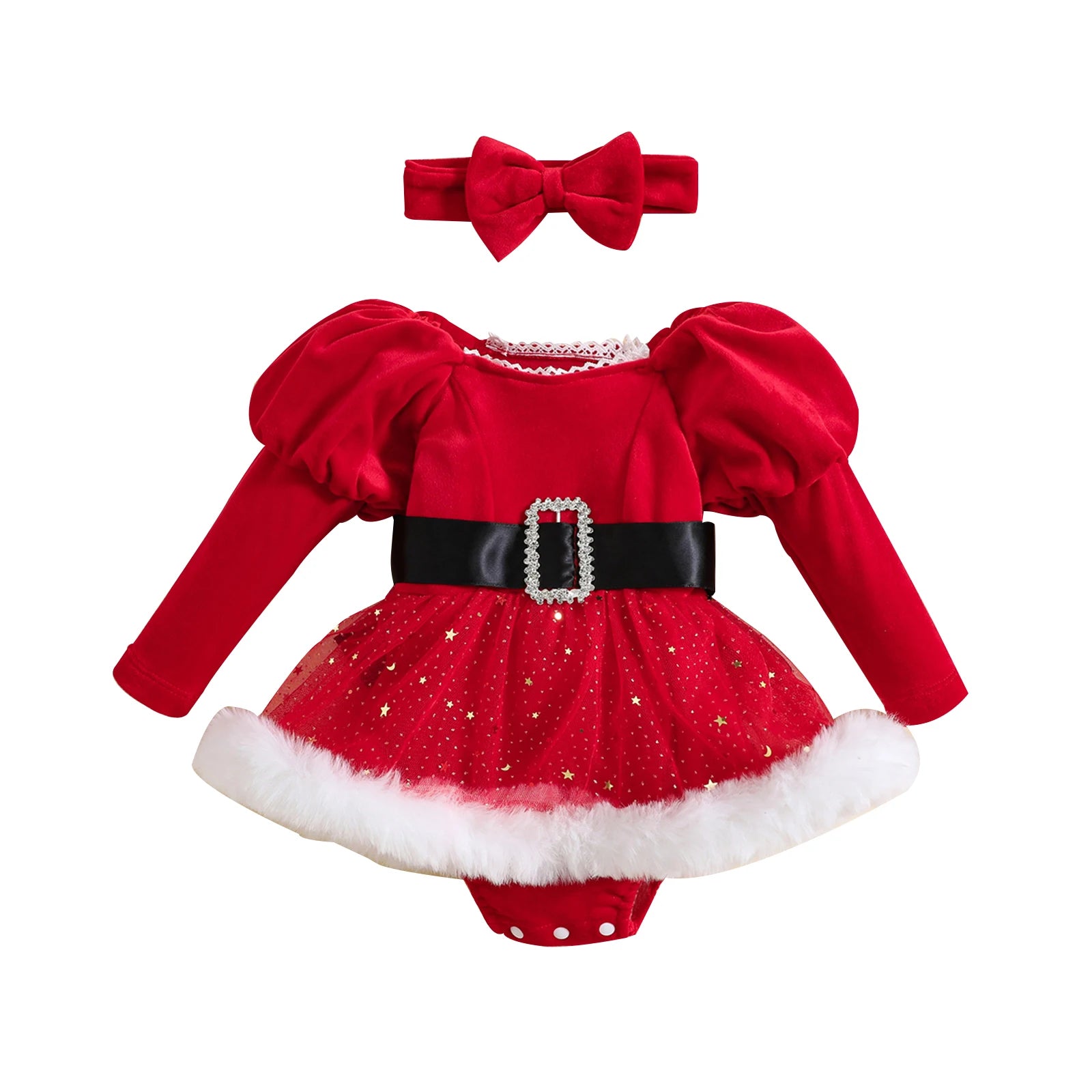 Baby Girls Rompers Dress Christmas Clothes Patchwork Sequins Stars Moon Skirt Hem Long Sleeve Toddler Bodysuits with Headband