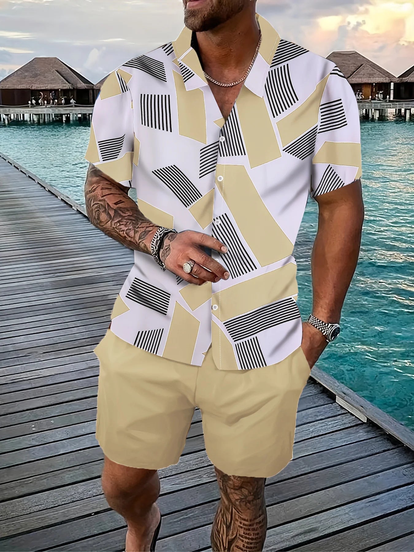 Hawaiian Men Shirt Sets 3D Printed Vintage Stripe stitching Short Sleeve Casual Shirt Oversized Beach Shorts Summer Man Suits