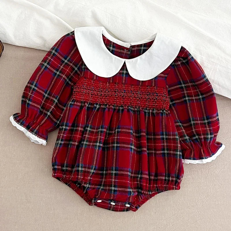 Christmas Infant Baby Girl Romper Autumn Winter Newborn Baby Girl Children Clothes Red Plaid Lapel Long Sleeved Newborn Romper