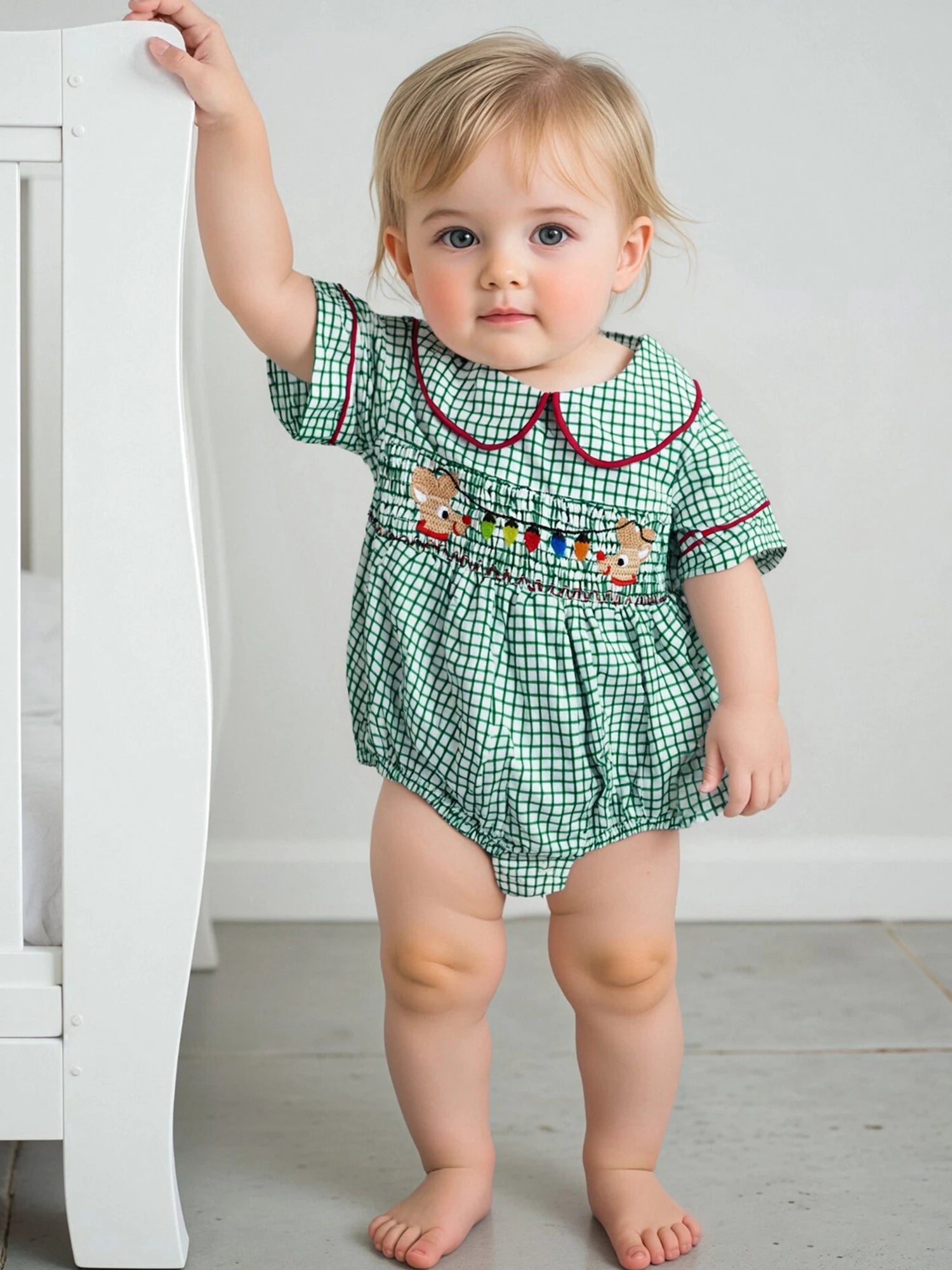 0-18M Infant Baby Girls Boys Christmas Romper Plaid Print Lamp String Embroidery Short Sleeve Doll Collar Bodysuit/Tank Jumpsuit