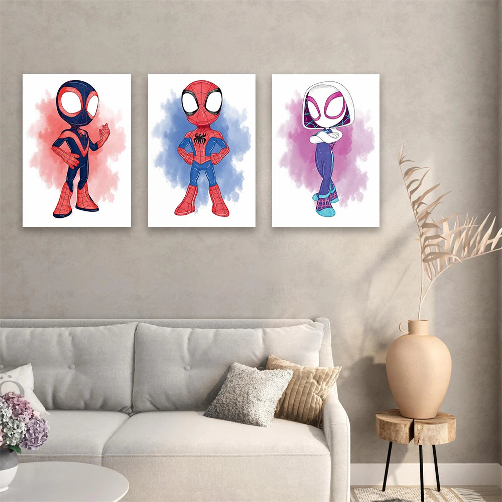 3 PCS Colorful Spidey & Friends Wall Art Poster Watercolor Splatter Art Print Boys Playroom Decor Superhero Nursery Art Canvas