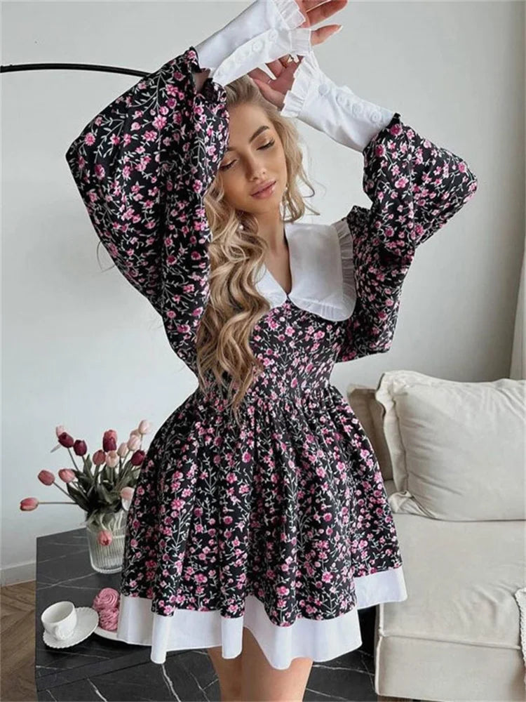 Tossy Ruffled Fashion Printed Mini Dress For Women V-Neck Patchwork Contrast Slim Long Sleeve Party Dress Female Bodycon Dress