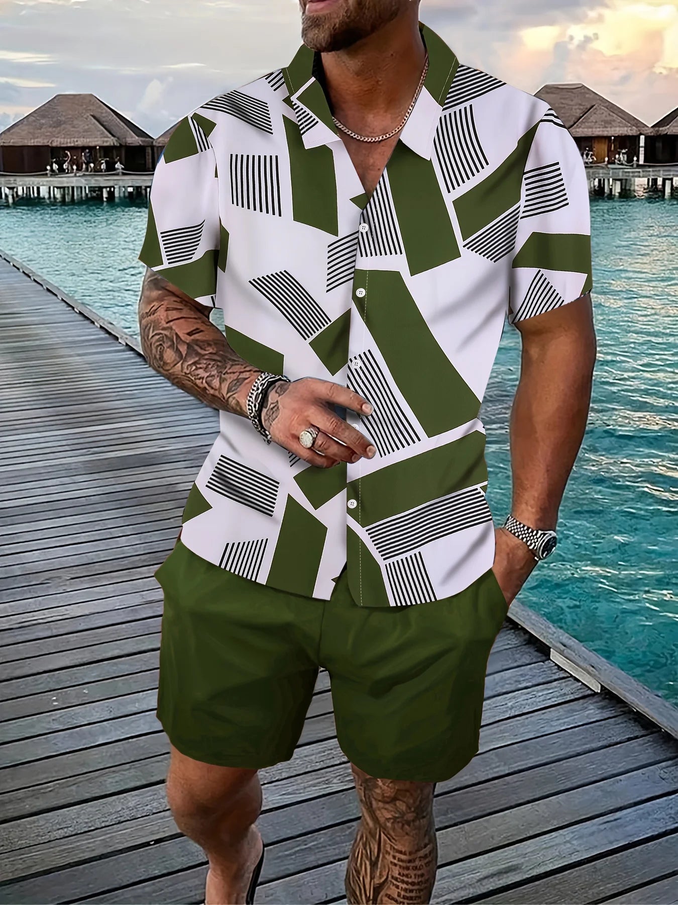 Hawaiian Men Shirt Sets 3D Printed Vintage Stripe stitching Short Sleeve Casual Shirt Oversized Beach Shorts Summer Man Suits
