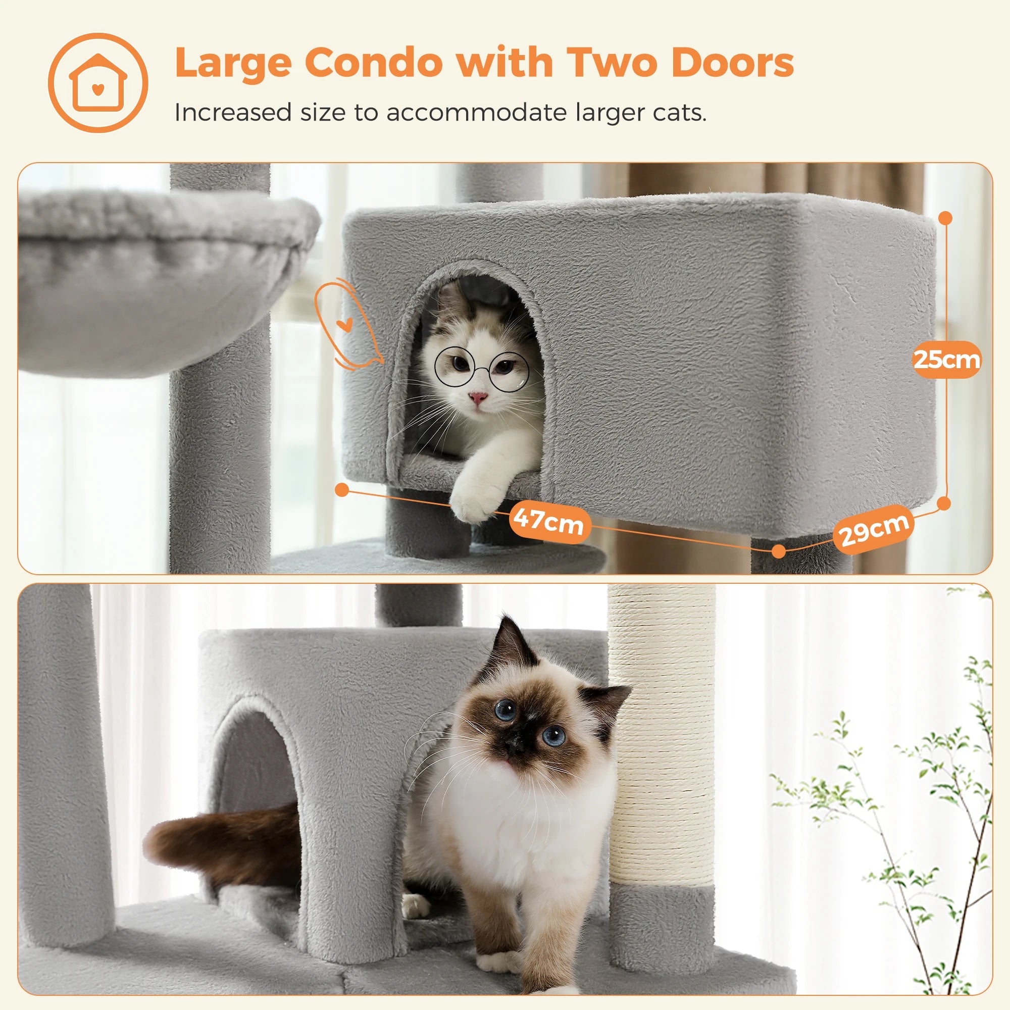 Stable&Safe Multi-Level Cat Tree Tower with Cozy Condo,Scratching Posts&Boards,Perches,Hammock,Pompoms for Active Cats,Cat Toys