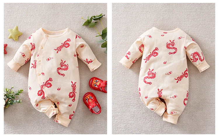 Chinese Style Baby Jumpsuit With New Year's Dragon Clothing For Babies Aged 0-18 Months Made Of Pure Cotton And Long Sleeved