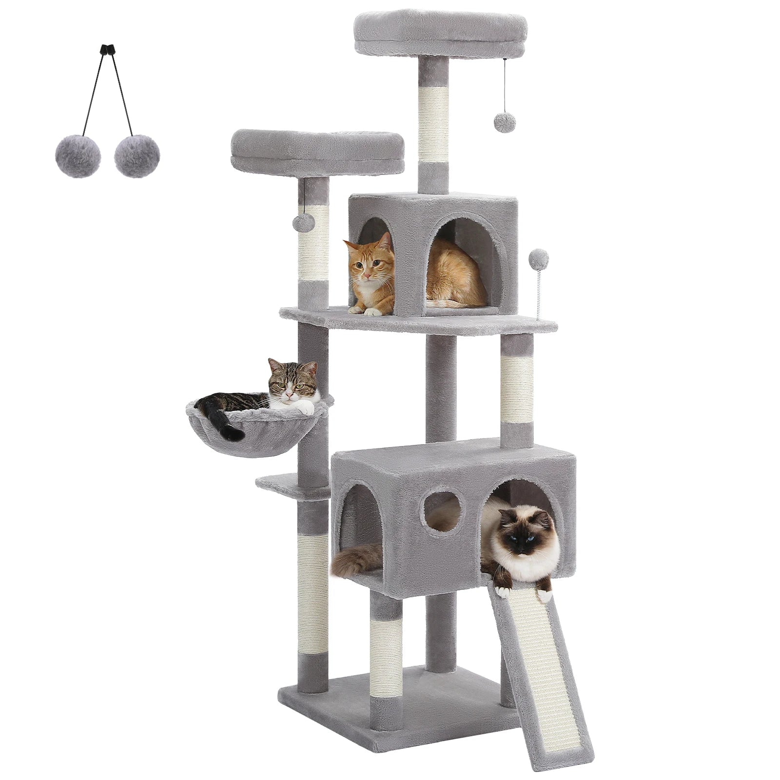Stable&Safe Multi-Level Cat Tree Tower with Cozy Condo,Scratching Posts&Boards,Perches,Hammock,Pompoms for Active Cats,Cat Toys